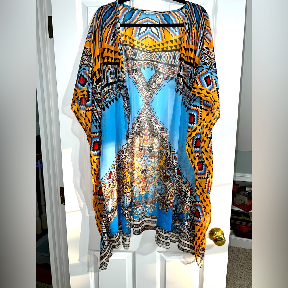 Patrons of Peace Aztec Boho Print Swimsuit Coverup Beach wrap Womens shall OS